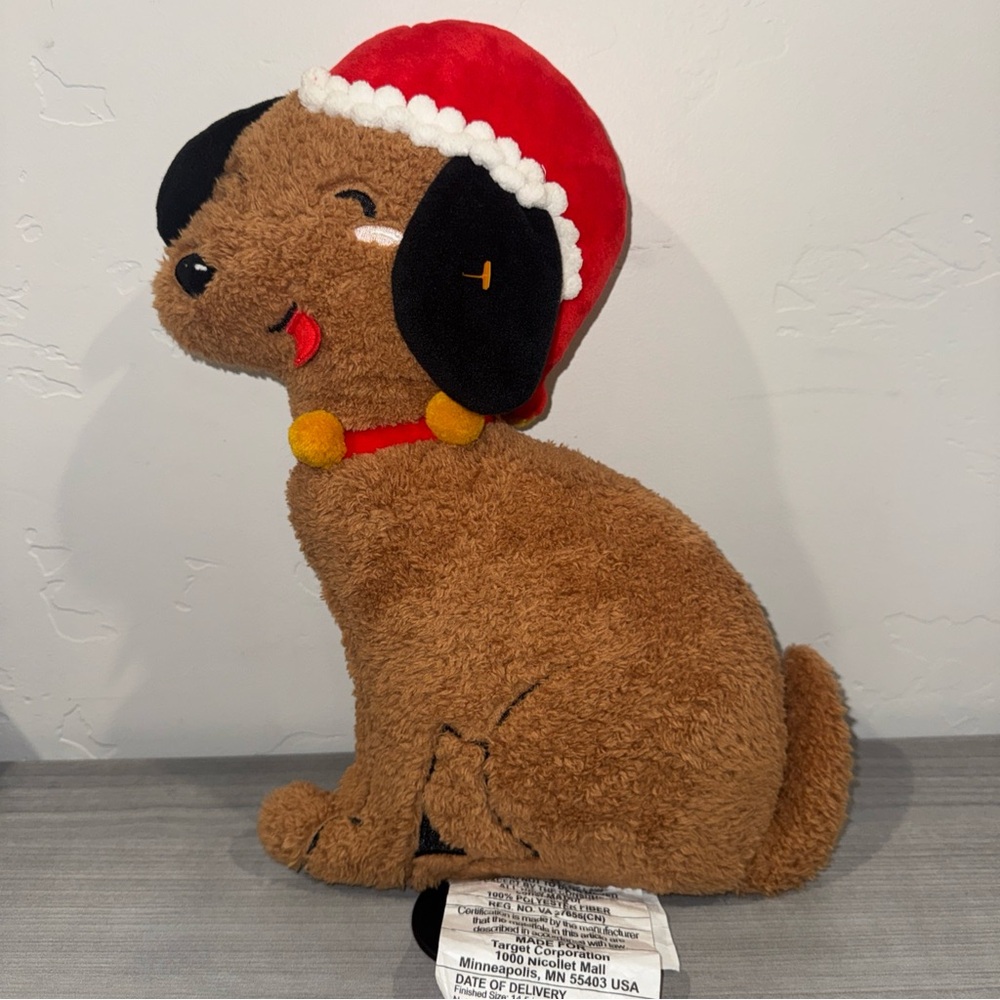 Target Wondershop Christmas 2024 Brown Dog Santa Hat Shaped Throw Pillow 13”